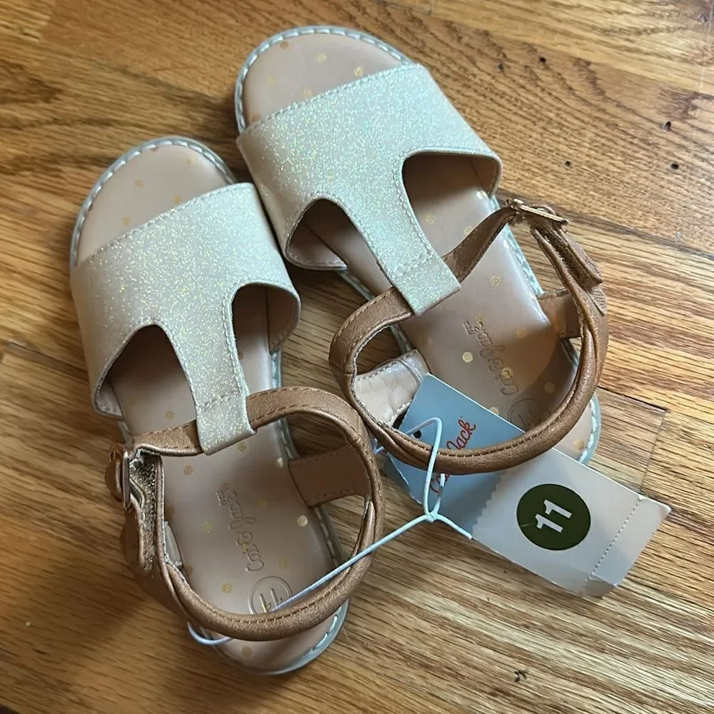 Girls Cat & Jack Summer Sandal Shoe Flat Gold Tan Glitter Shimmer Size 11 NWT